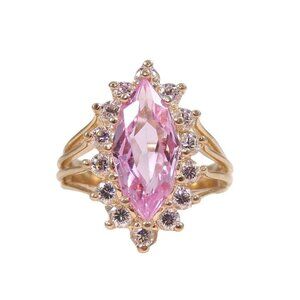 Solid 14K Yellow Gold Pink Sapphire Clear CZ Halo Cocktail Ring SIze 7.5